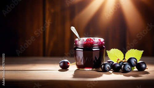 Homemade blackcurrant jam in glass jar and fresh berries on wooden background