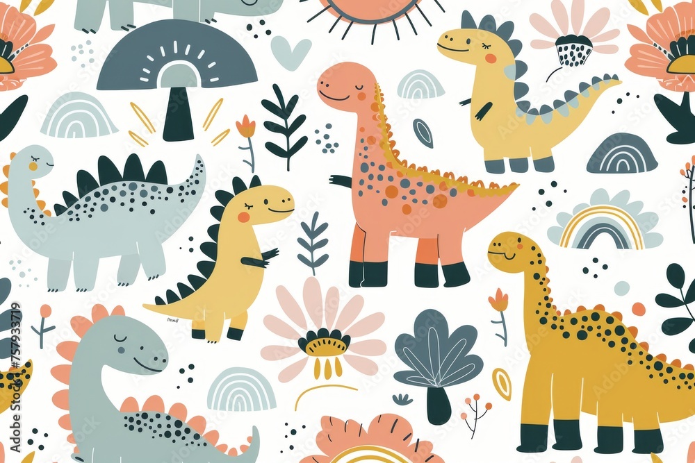 Obraz premium Colorful cartoon dinosaurs in a whimsical landscape. This vibrant image showcases playful cartoon dinosaurs in a variety of colors, surrounded by whimsical flora and other cute elements