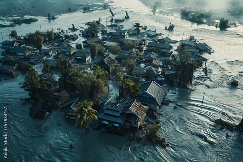 A tsunami flooding an island uprooting trees and destroying homes.