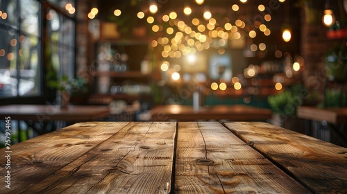 Coffee shop with a wooden table empty  perfect for production. Generative Ai