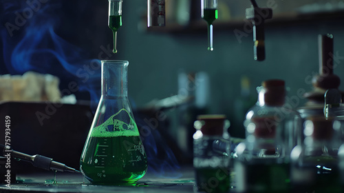 chemical green pouring from pippette to flask in chem lab 

 photo