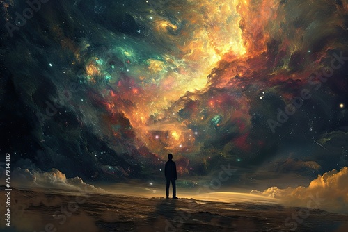 Silhouette of a man in front of huge universe.