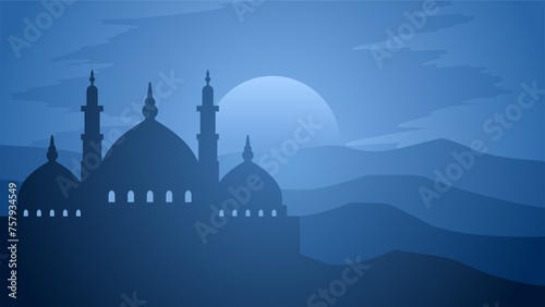 Ramadan landscape vector illustration. Mosque silhouette at night with hill panorama. Mosque landscape for illustration, background or ramadan. Eid mubarak landscape for ramadan event