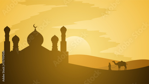 Ramadan landscape vector illustration. Mosque silhouette in the desert with camel and a muslim. Mosque landscape for illustration, background or ramadan. Eid mubarak landscape for ramadan event