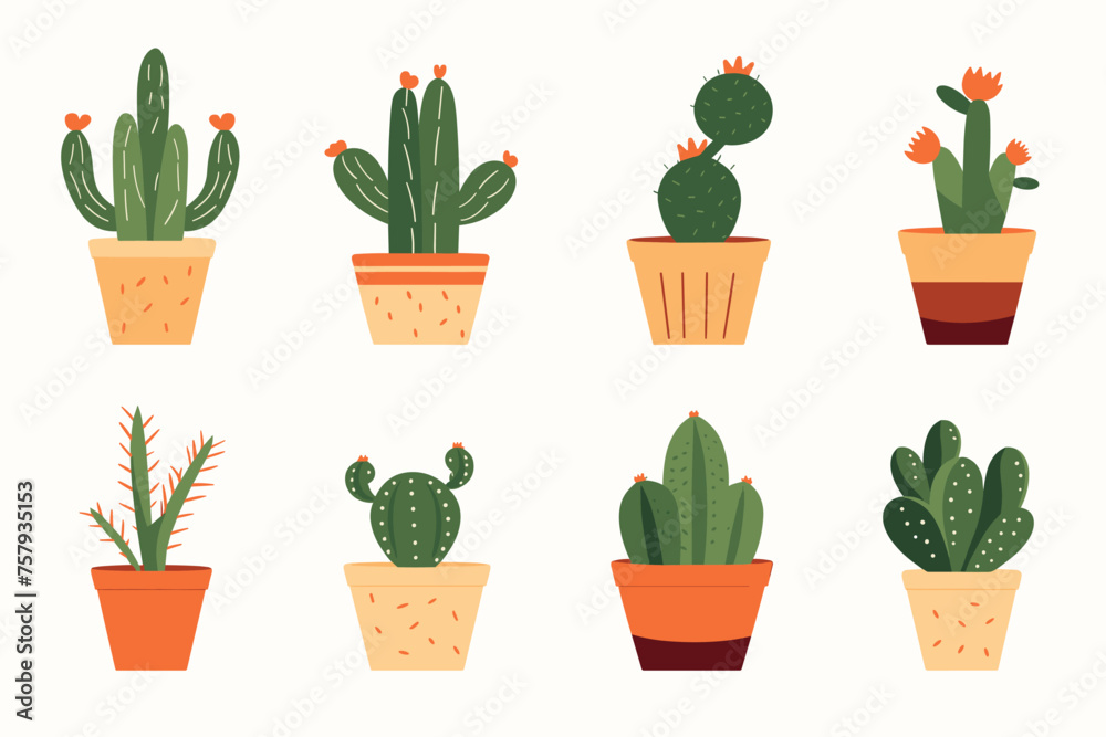 Cactus and succulent plants in pots. Illustration set of hand drawn cacti and succulents growing in cute little pots. Simple cartoon vector style.