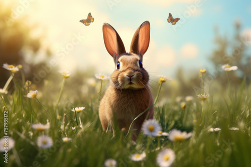Easter bunny is sitting on a sunny meadow in daisies  butterflies are flying over him.