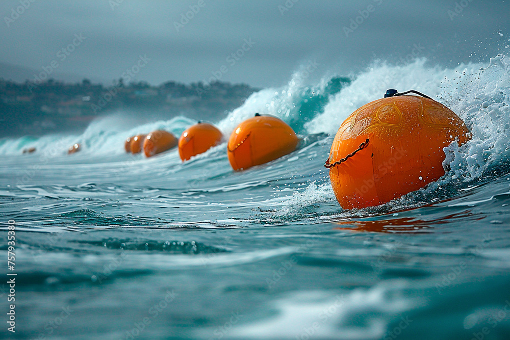 Wave energy converters bobbing on surface of the ocean, converting the kinetic energy of waves into usable electricity