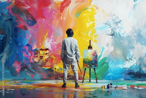 Painter in White Overalls, Exuding Confidence and Artistic Expression with a Vibrant Canvas Masterpiece photo