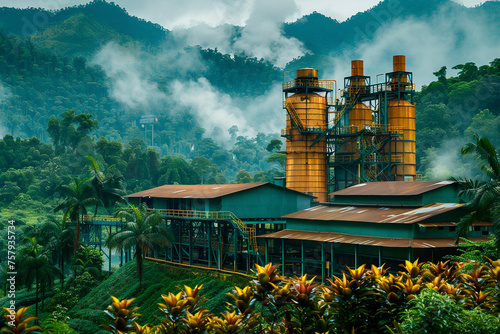 Biomass power plant surrounded by lush forests, where organic waste and agricultural residues are converted into bioenergy through sustainable biomass combustion photo