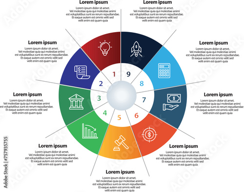 Collection of vector circle chart infographic templates for presentations, advertising, layouts, annual reports. 9 options, steps, parts