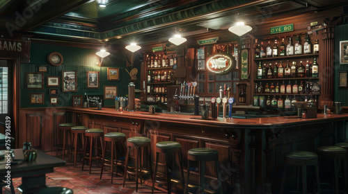 Classic pub interior with wooden bar, stools, and shelves filled with bottles.
