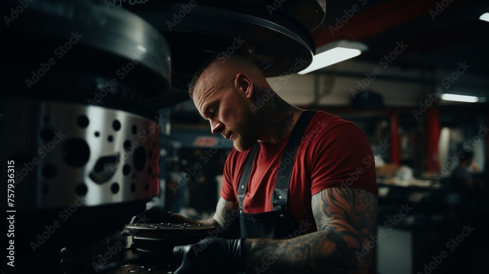 Professional mechanic replacing brake pads on a vehicle during routine maintenance work Professional mechanic replacing brake pads on a vehicle during routine maintenance work
