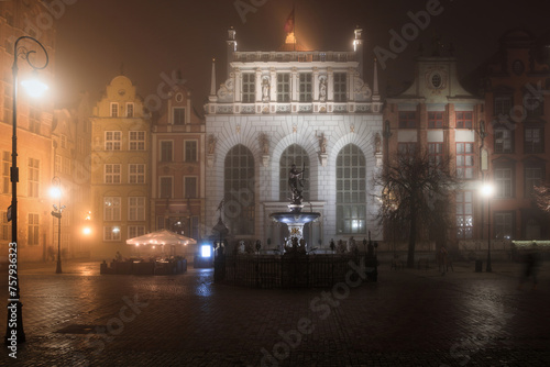 Foggy scenery of the Long Lane street in the main town of Gdansk. Poland