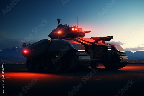 A detailed 3D render of futuristic military equipment designed by AI