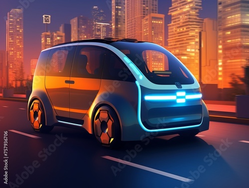 A conceptual illustration of a driverless electric car navigating city streets autonomously