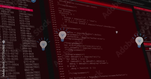 Image of bulbs floating over data processing on red and black background