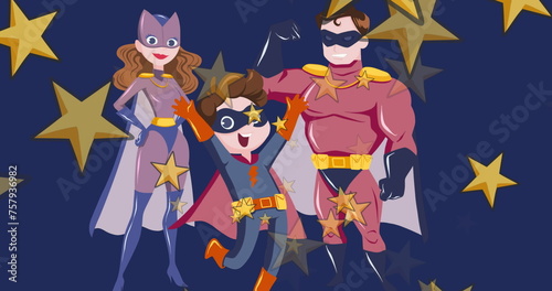 Image of mother, father and son in superhero costumes over blue background with stars