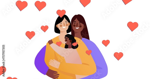 Image of diverse lesbian couple with daughter over white background with hearts