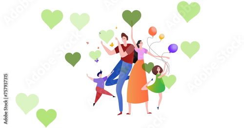 Image of caucasian parents and children over white background with hearts