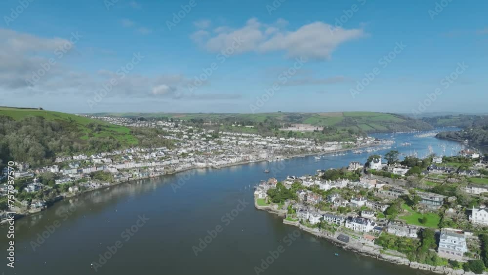 Dartmouth and Kingswear over River Dart from a drone, Devon, England, Europe Dartmouth and Kingswear over River Dart from a drone, Devon, England, Europe