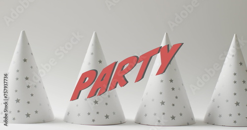 Image of party text over party white party hats in background
