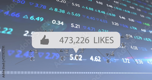 Image of social media icon, numbers and financial data processing