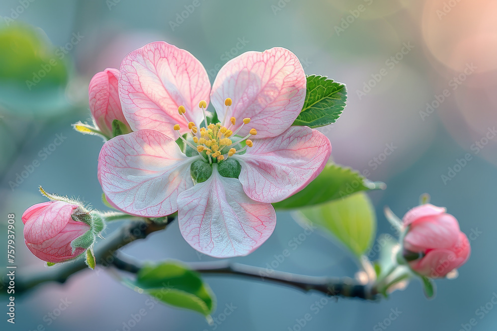 Obraz premium Delicate pink apple blossom and buds on a blurred background, symbolizing spring and renewal.