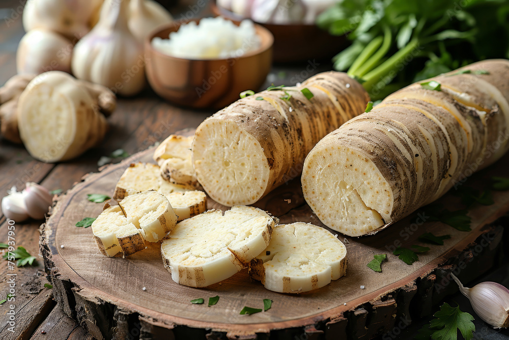 Fresh parsnips on a wooden cutting board with chopped pieces, garlic, and parsley around, kitchen setting Fresh parsnips on a wooden cutting board with chopped pieces, garlic, and parsley around, kitchen setting