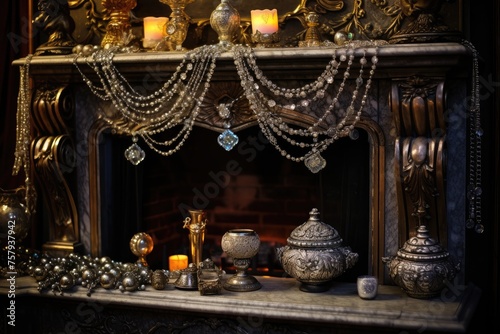 Magical Fireplace: Jewelry positioned on a mantelpiece adorned with ornaments and a fireplace glowing with warmth.