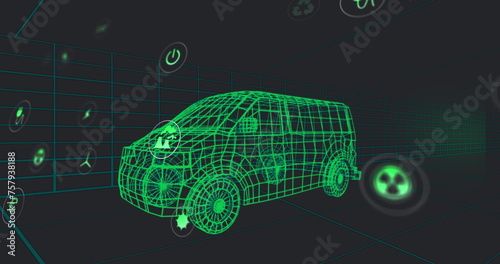 Image of multiple digital icons over 3d van model moving in seamless pattern in a tunnel