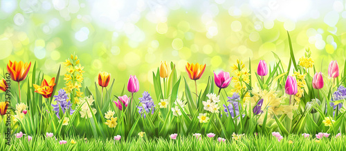 Spring sunny garden with grass and flower. Banner with copy space