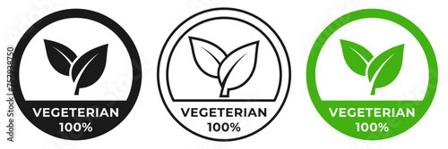 Vegetarian icon. Vegetarian 100 illustration sign. Vegan logo, badge, symbol, stamp, logo, logotype, sticker, emblem, mark or seal for product packaging. photo