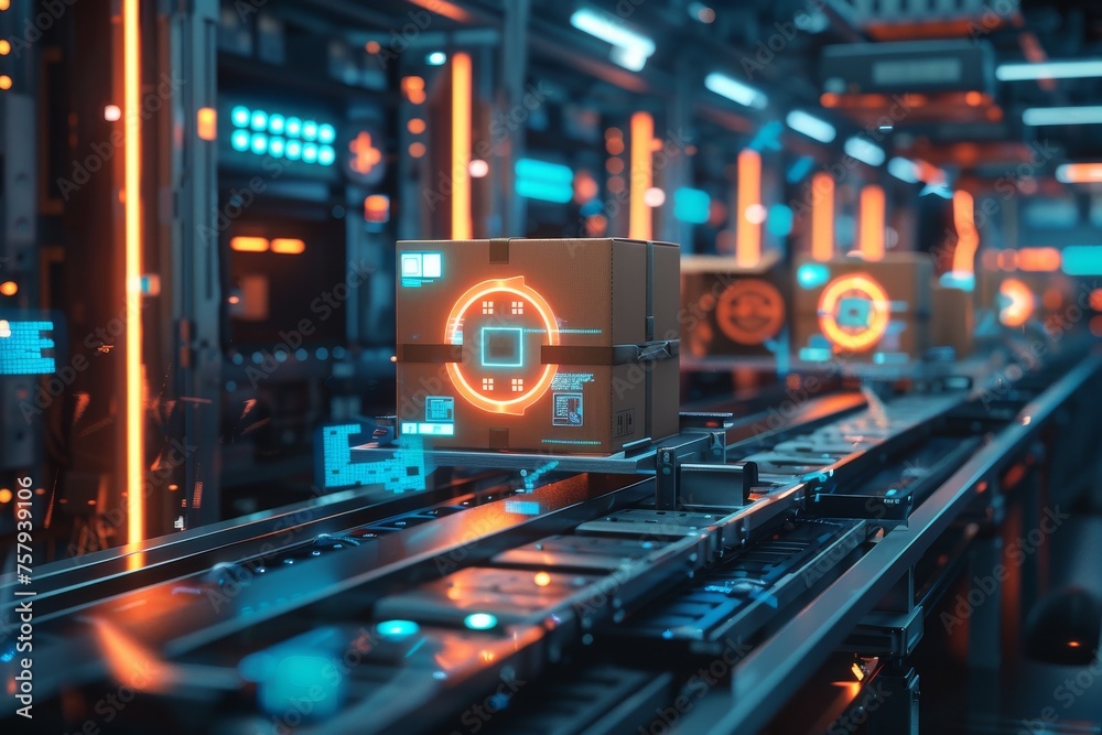 A futuristic scene with boxes moving along a conveyor belt. Logistic concept