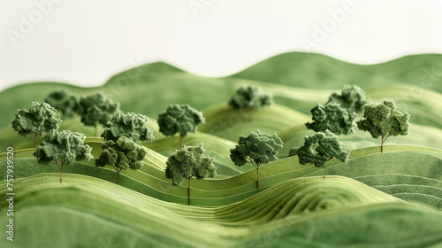 A paper model of green hills with trees, with detailed texture and layered in a simple, minimalistic style on a white background, shown in a closeup, macro photography shot at high resolution in a rea photo