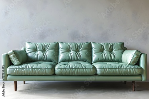 Modern Green Leather Sofa with Square Buttons A Sleek Design Statement in a Minimalist Living Space © milkyway