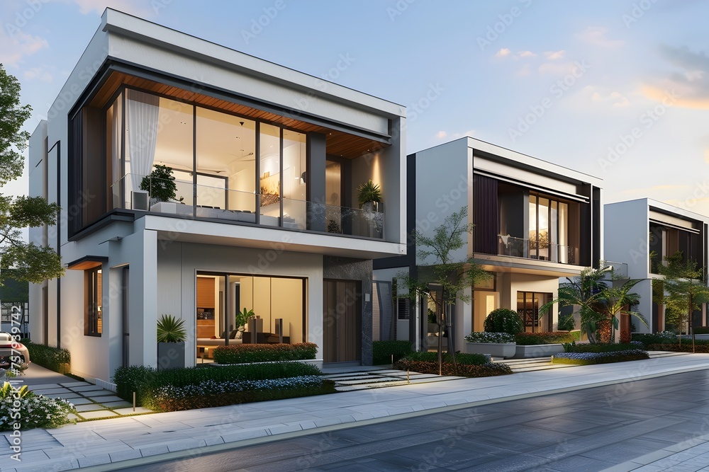 Modern Townhouses with Minimalist Design and Natural Lighting at Blue Hour