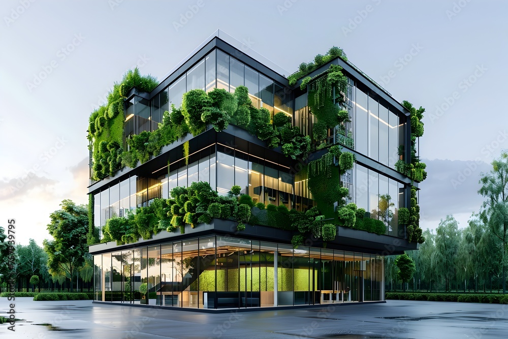 Sustainable Green Building 3D Rendered Eco-friendly Structure with Vertical Gardens and Innovative Glass Facade