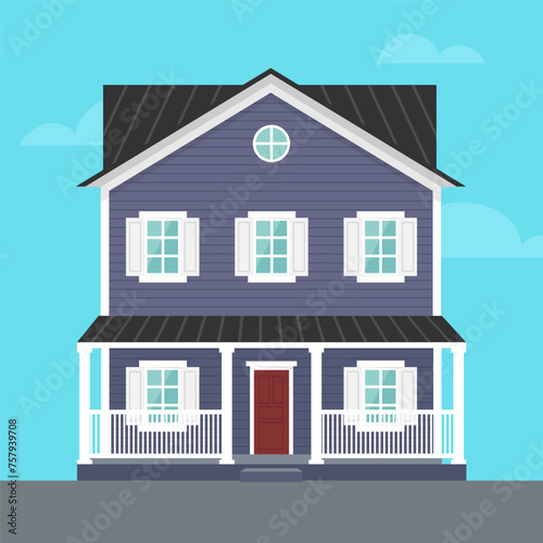 Vector house with porch. Blue two-storey house with porch in flat style. Sweet home. Vector illustration 