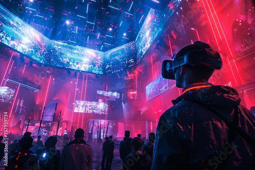 An immersive virtual reality concert experience with attendees wearing VR headsets surrounded by dynamic, colorful lights