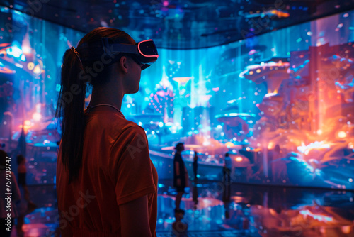 A woman wearing a virtual reality headset is fully absorbed in a stunning VR environment with vibrant, futuristic visuals photo
