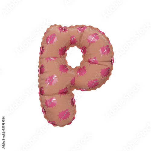 3D inflated balloon letter P with pink power lightning comic hero pattern pink glossy surface