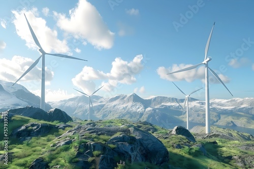 Sustainable Energy in Motion Wind Turbines Powering Green Technology atop a Majestic Mountain