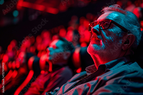 Movie enthusiasts are engrossed in a film, sitting in red cinema seats, enhancing the collective viewing experience in a theater photo