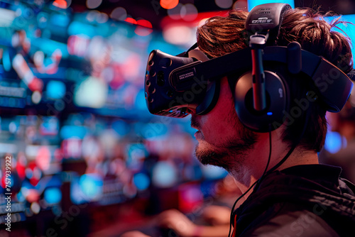 An absorbed gamer in a high-tech VR headset participates in an immersive gaming experience in a neon-lit esports arena photo