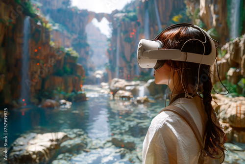 A young woman is immersed in a virtual reality simulation, experiencing a lush, digital nature landscape