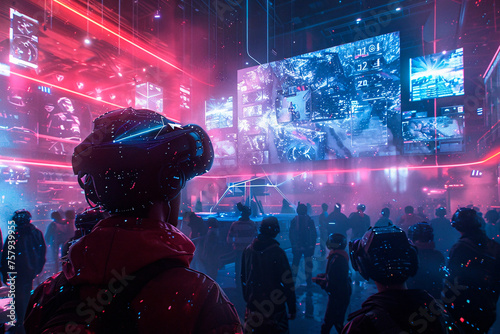 In a vibrant virtual gaming world, a man is engrossed in an action-packed virtual reality experience photo