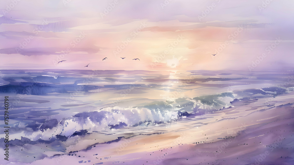 Abstract watercolor beach and sea under sunset background.