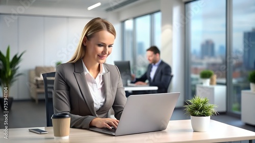 Professional Female Employee Using Laptop in Modern Office - With Copy Space