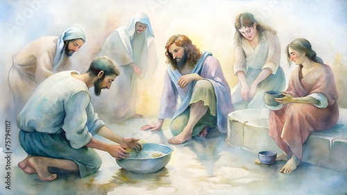 Washing of the Feet by Jesus on Maundy Holy Thursday - Watercolor Biblical Illustration from the New Testament