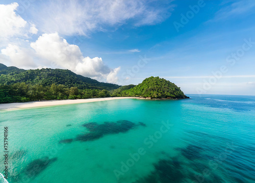 Aerial view of beautiful tropical beach with white sand, turquoise ocean and blue sky